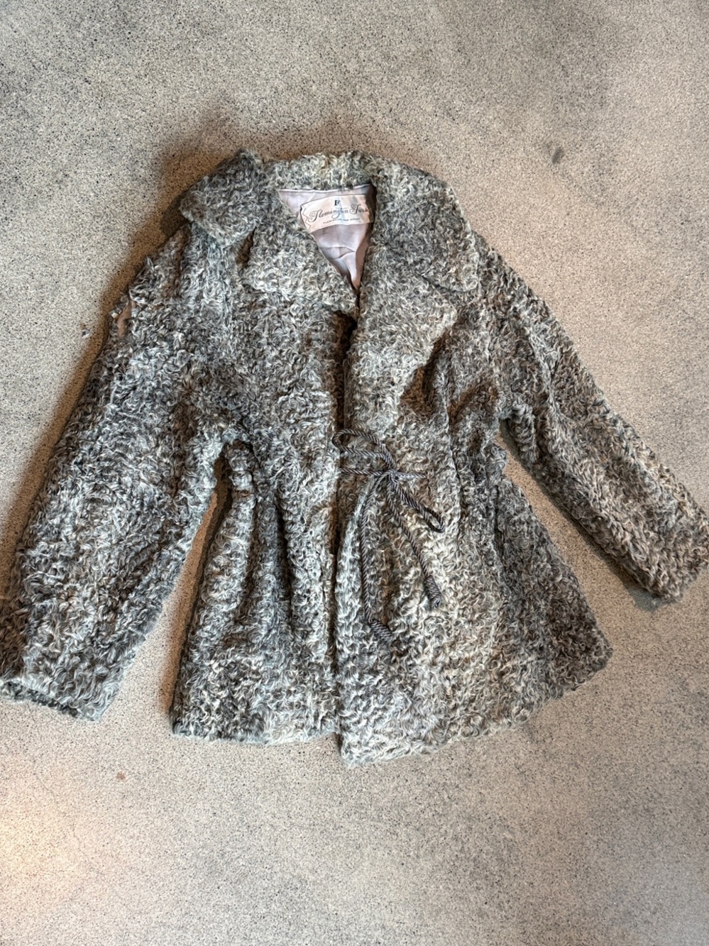 Vintage Gray Textured Teddy Jacket with Tie Waist